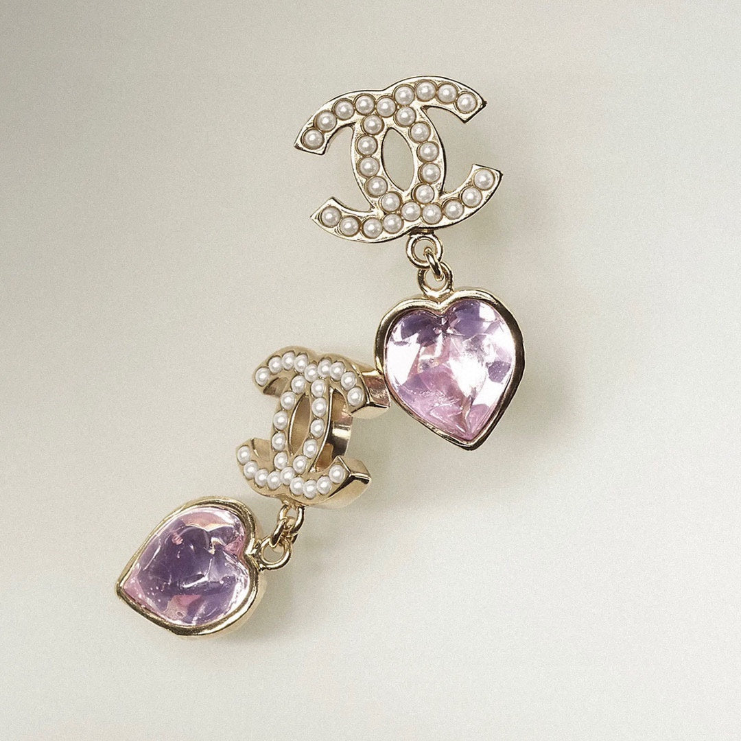 18K  Chanel Pink Heart Crystal Earrings