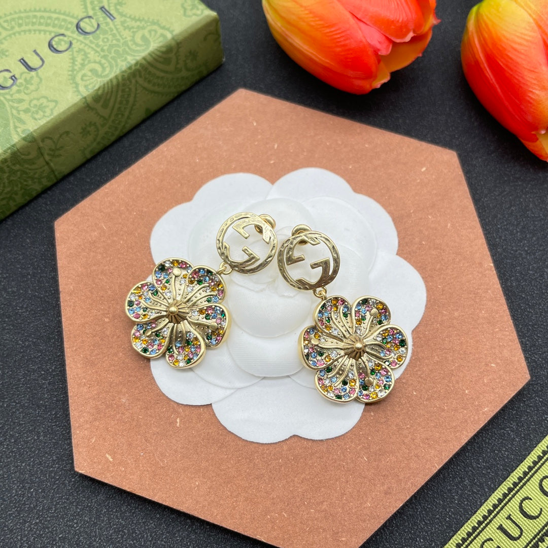 18K Double Gucci Color Crystals Flower Earrings