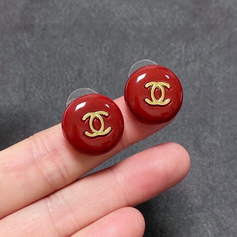 18K  Chanel Wine Red Round Earrings