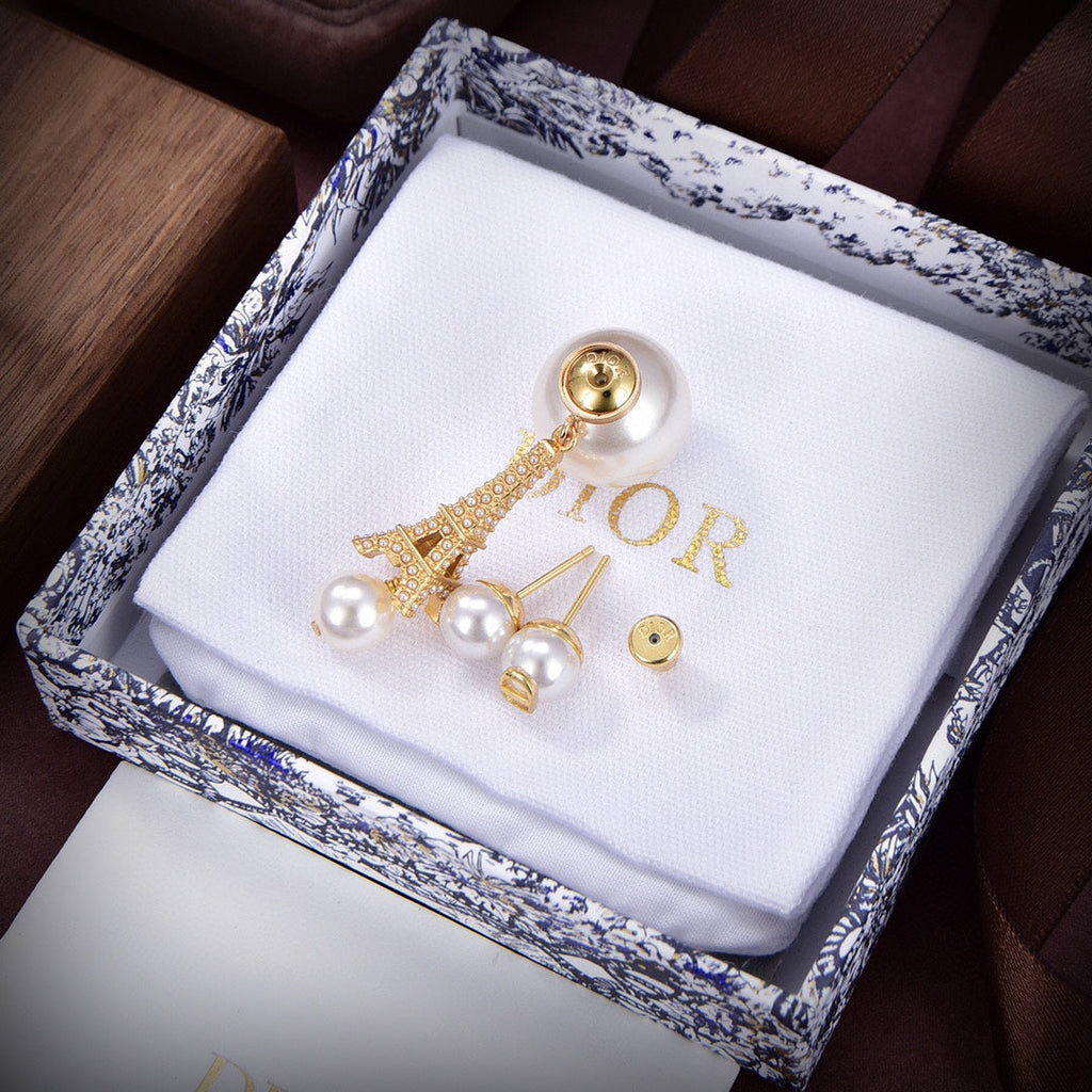 18K Dior Tribales Eiffel Tower Charm White Pearls Earrings