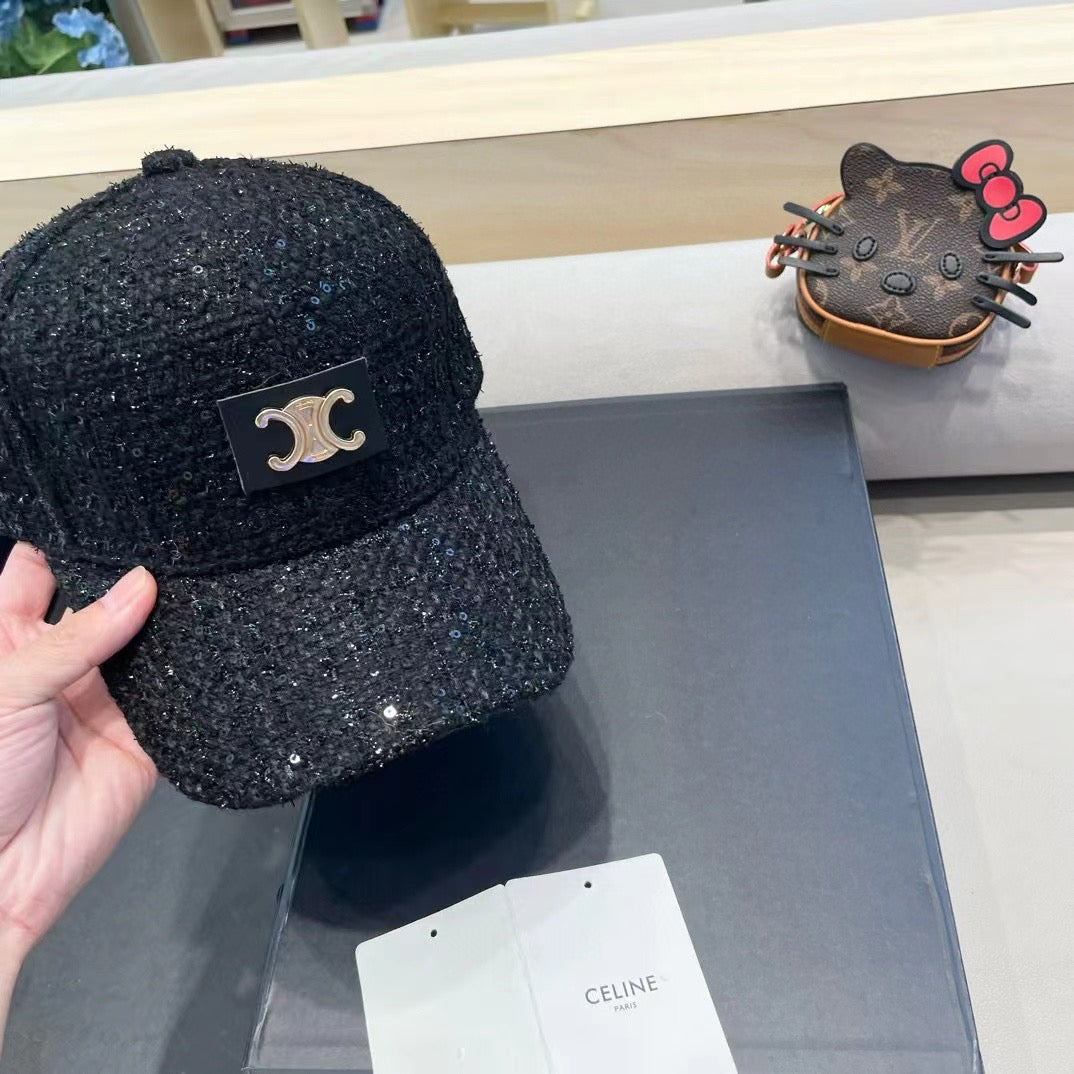 CELINE BASEBALL CAP MODEL 650508 IN BLACK TEXTURED SPARKLE FABRIC