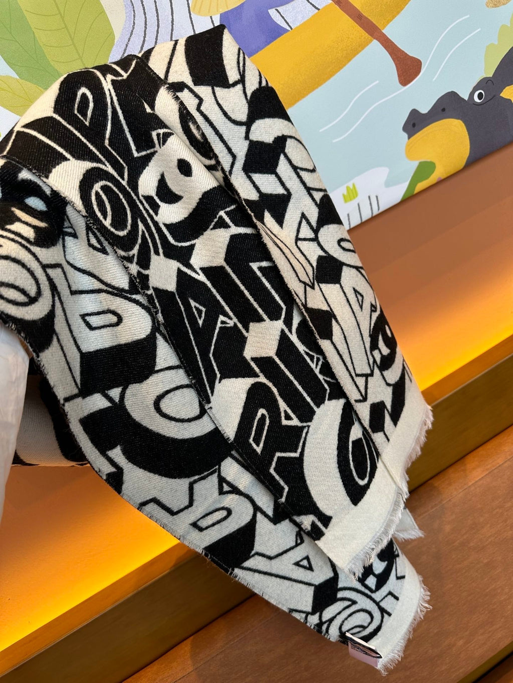 CHANEL LETTER LOGO 178 CM SCARF IN BLACK MIX WHITE SHEEP WOOL AND SILK 393103