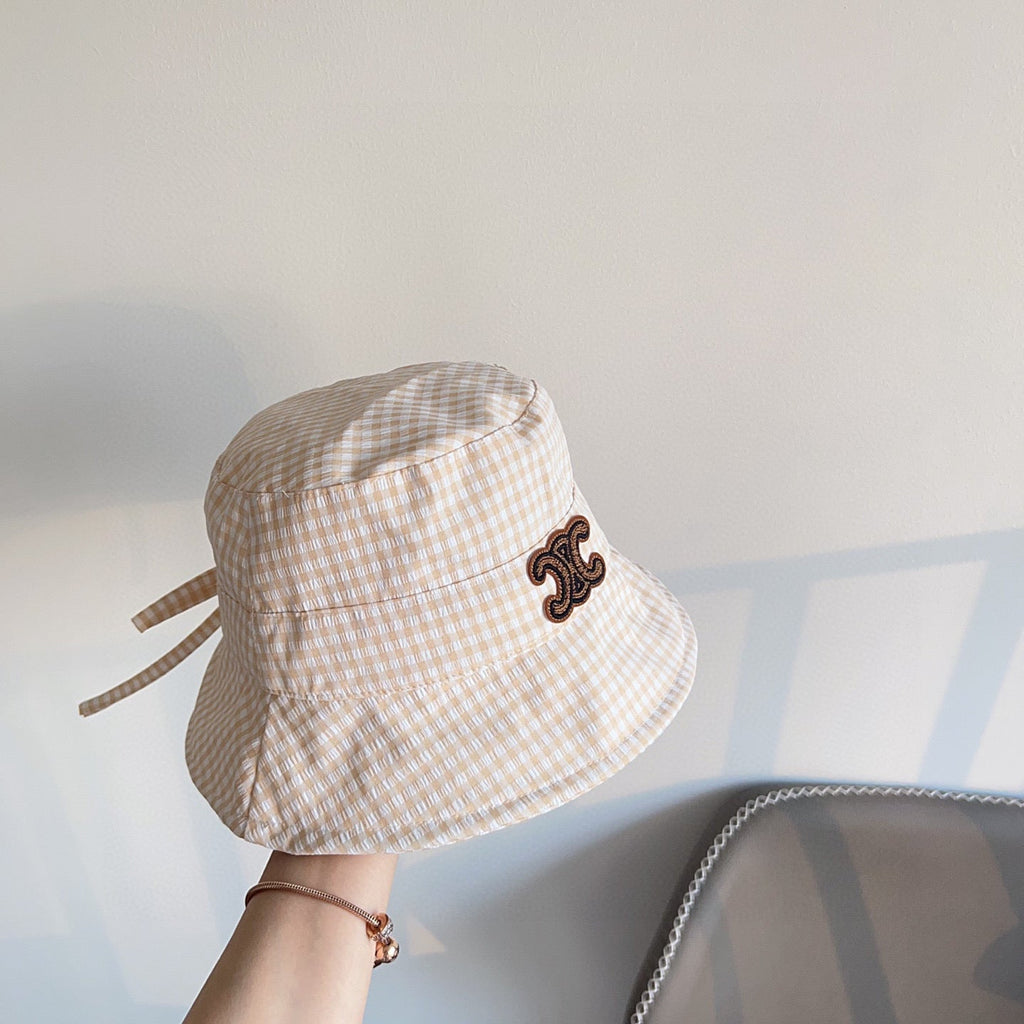 CELINE BUCKET HAT MODEL 652076 IN ORANGE & WHITE GINGHAM FABRIC